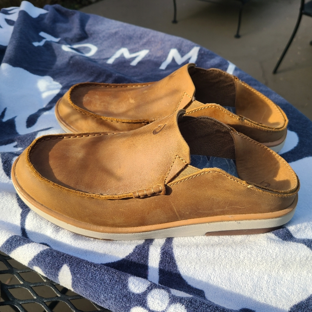 Men's Olukai Kalia Tan Leather Slip-OnShoe Collapsible Heel
